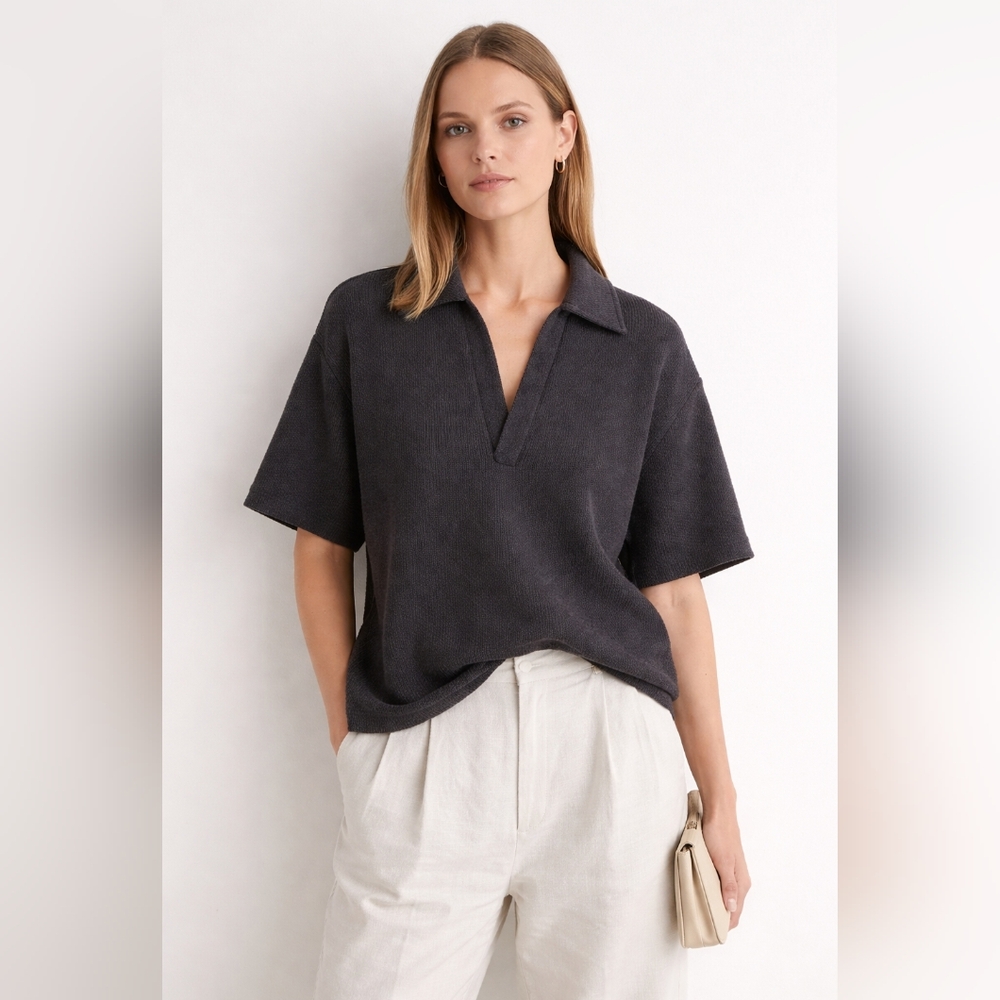 H&M Knit Collared Short Sleeve Sweater Top Relaxed Fit Size Large